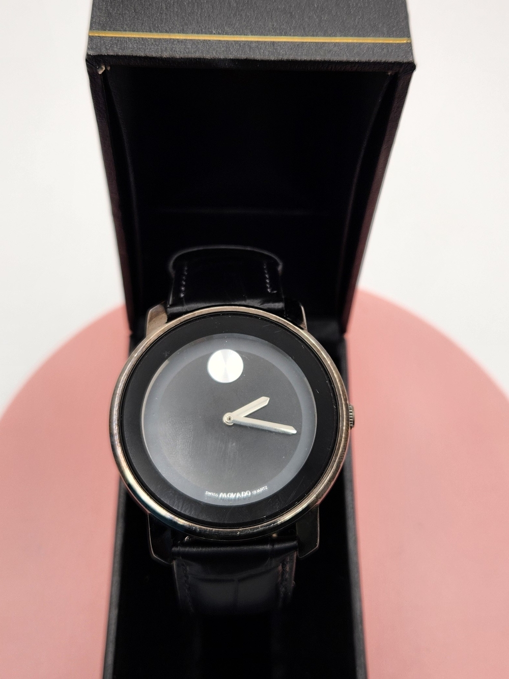 Movado Black Dial Stainless Case Leather Strap Watch 42mm Diameter